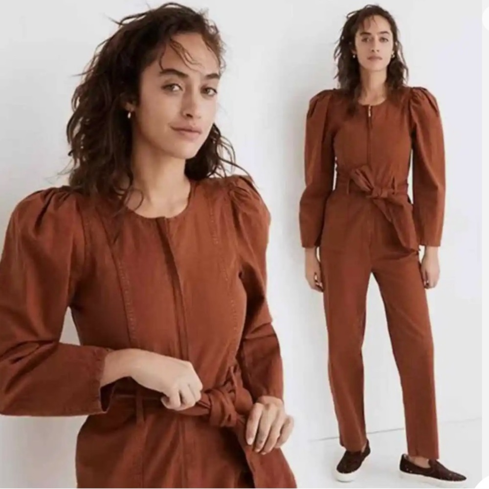 Baum und Pferdgardten Noralee Jumpsuit Sz 6 Puffed Shoulder Belted Rust Brown